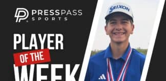 Front-facing portrait of a smiling student athlete wearing a blue uniform and medal, holding a trophy; text elements read "Player of the Week" and sponsor logos nearby.
