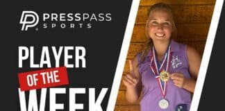 Graphic banner announcing Player of the Week for Press Pass Sports, featuring a smiling athlete with medals on the right side.