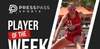 Banner for 'Player of the Week' featuring a female hurdler in a red uniform sprinting on a track, with sponsor logos and school name elements in the design.