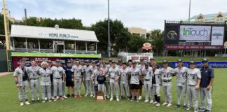 Group of youth baseball players in gray uniforms with medals, posing on a field around a trophy.