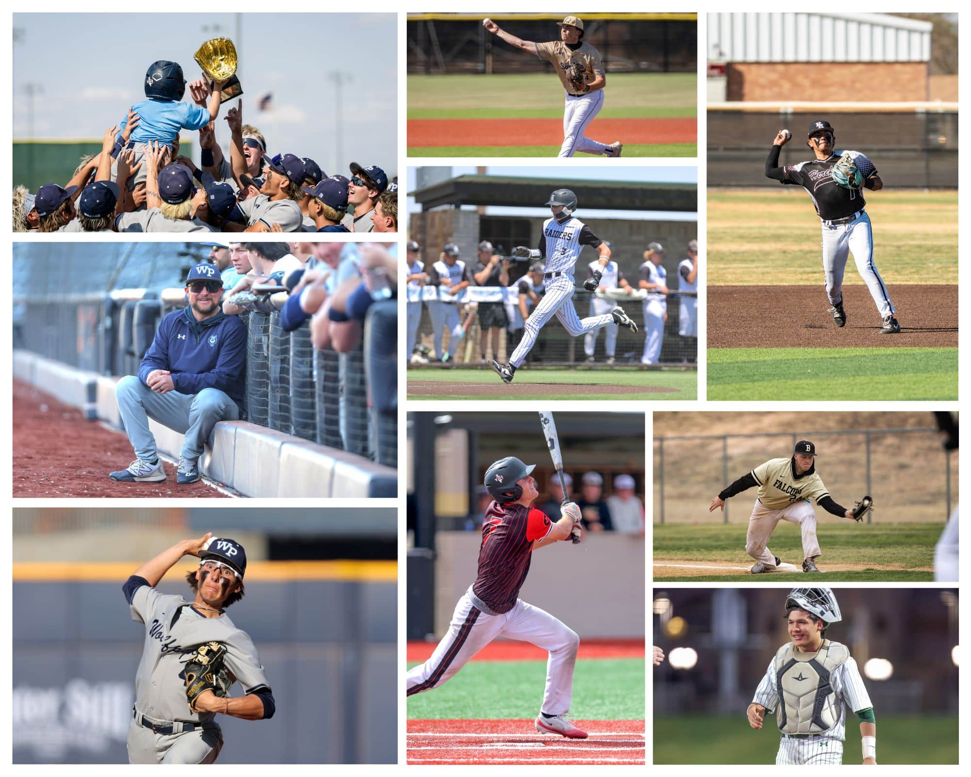 Collage of baseball players in action: celebrating team victory, pitching, throwing, batting, and catching across multiple photos.